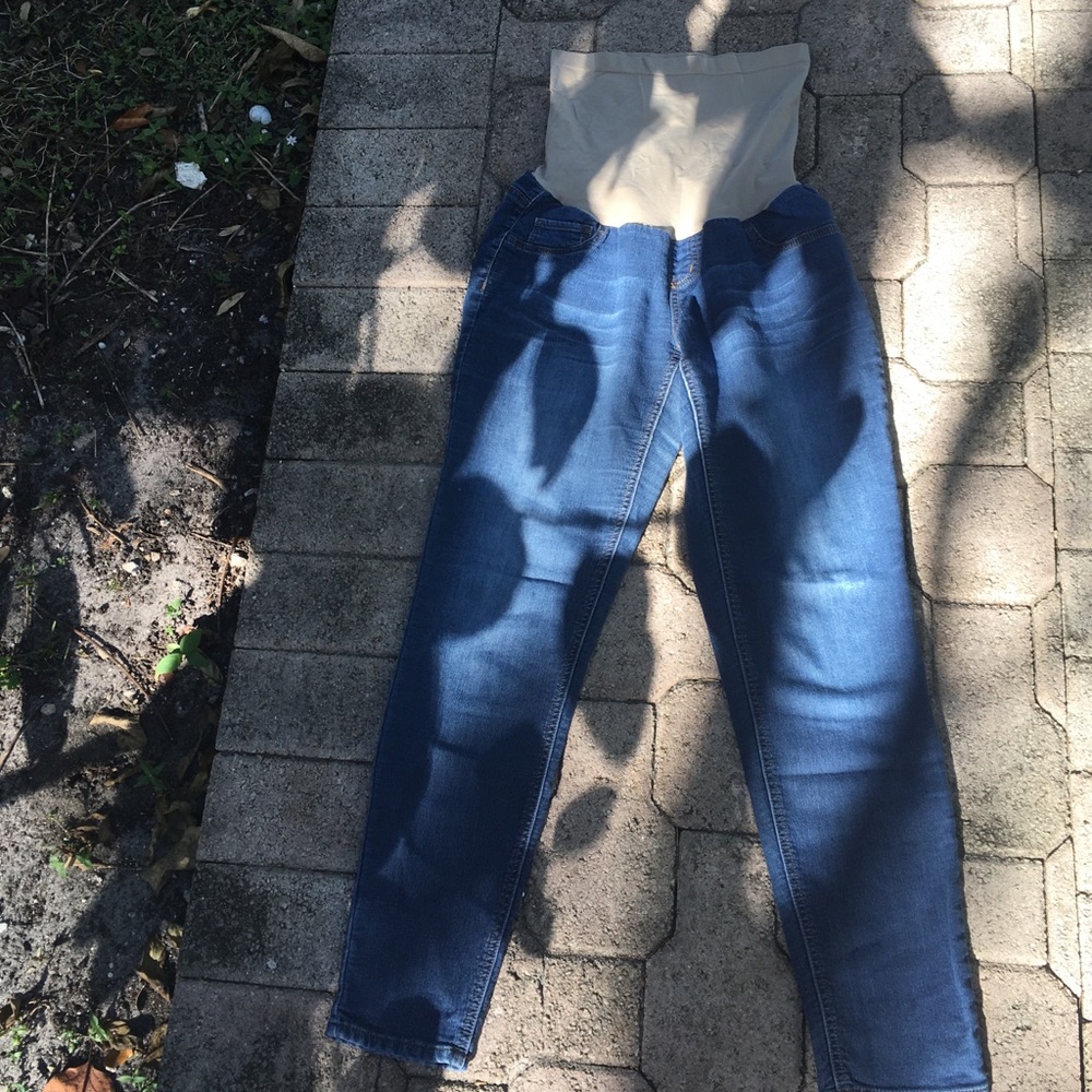 Indigo blue maternity jeans, premium denim.